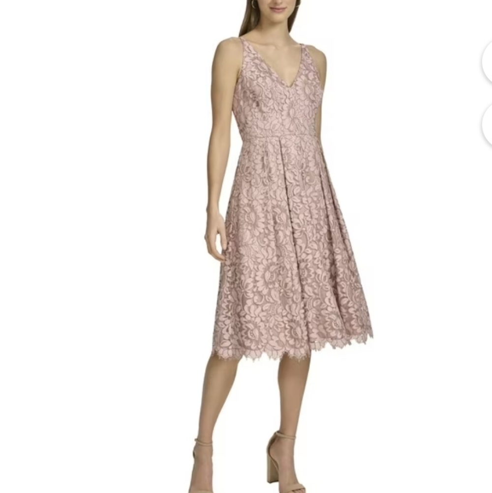 Eliza J Fit & Flare Blush Lace Midi Dress Lined V Neck 10
